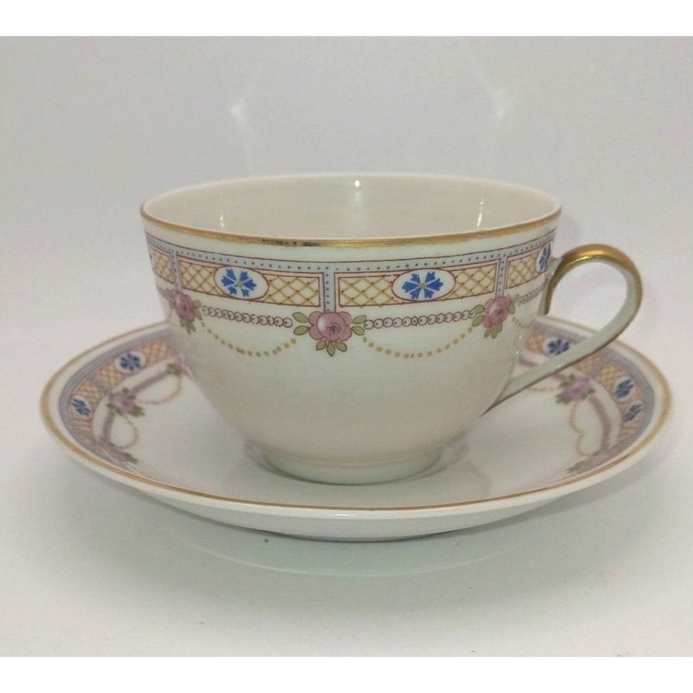 Vintage Limoges Coronet Cup & Saucer Pink Floral Garland Blue Pattern